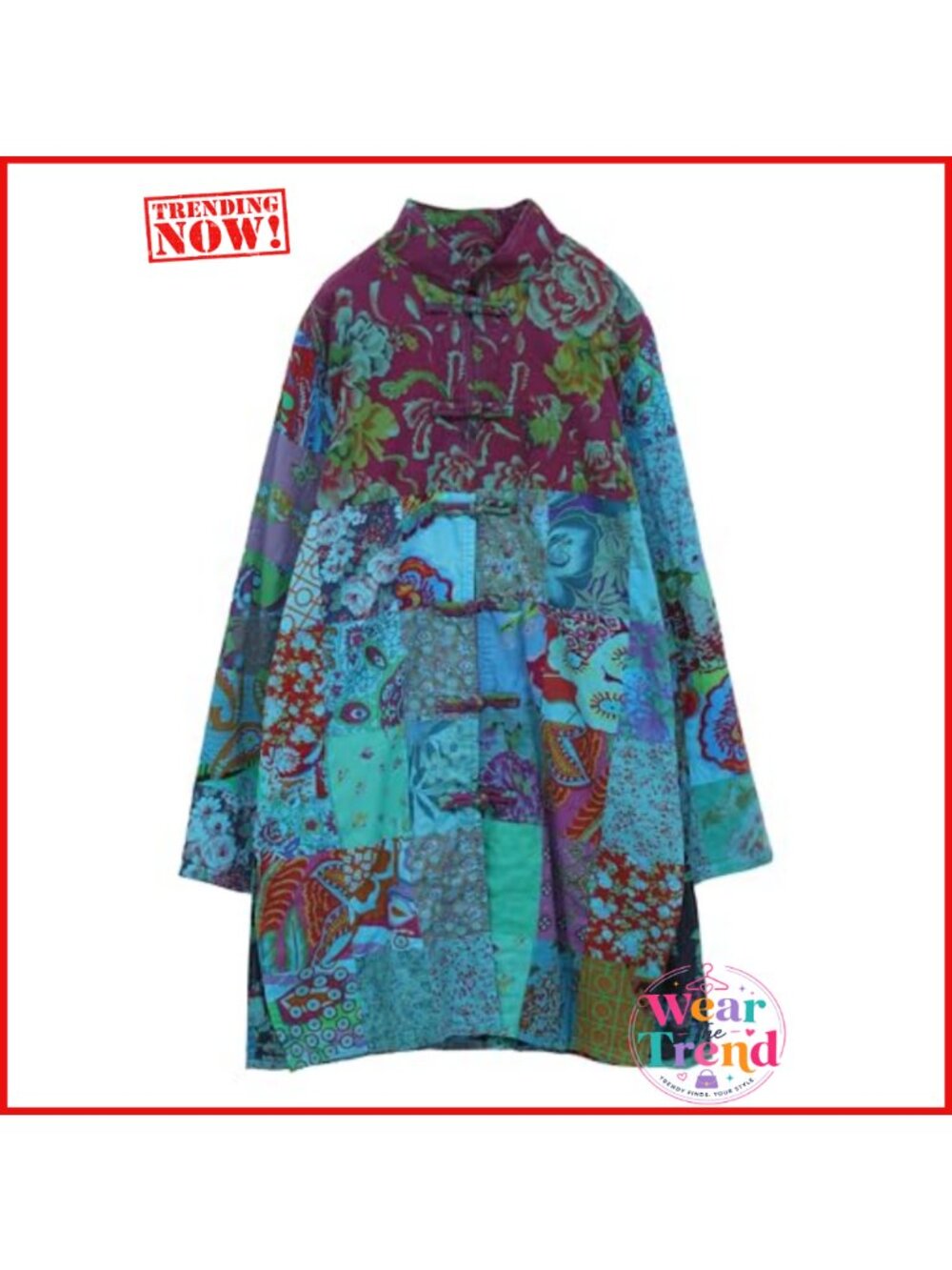 Boho Floral Patchwork Jacket Lightweight Plaid Windbreaker Coat - Picture 5 of 6